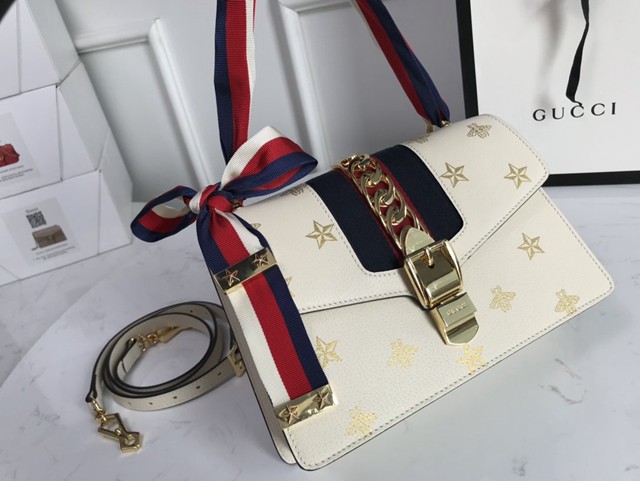 Gucci經典款女包 524405 古馳Sylvie肩背包 明星同款 金色蜜蜂星星 Gucci斜挎女包  gqy3662